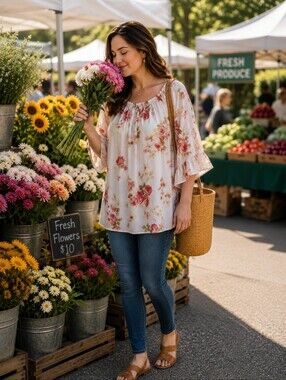 Emma Rose Peasant Floral Flowers Flowers Cabbage  Roses Flowing Blouse Small